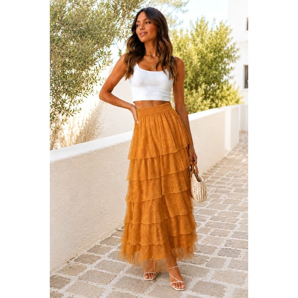 Anthropologie Dresses & Skirts - Anthropologie Tiered Tulle Maxi/Midi Skirt Mustard Point D'Esprit Dotted Mesh M